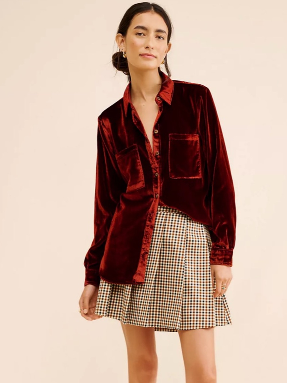 Anthropologie Pilcro brown Hadley Velvet button down Shirt top size XL